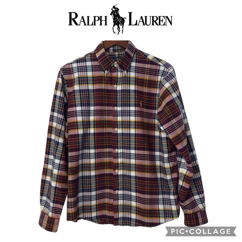 Ralph Lauren men classic fit flannel maroon plaid button down shirt size L